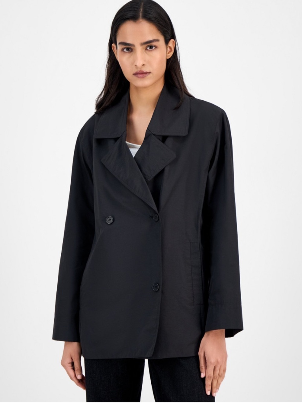 EILEEN FISHER BLACK ORGANIC COTTON BLEND LIGHT NOTCH LAPEL CROP TRENCH COAT